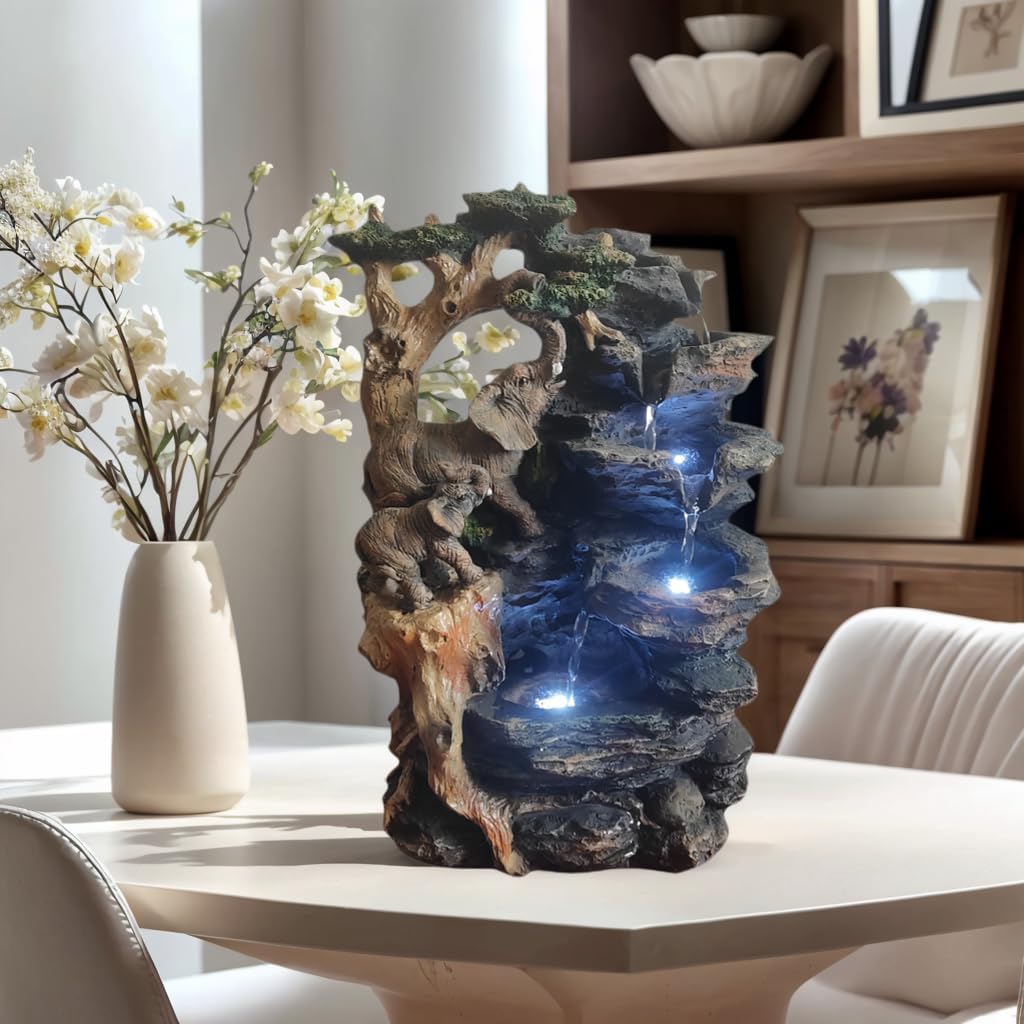 LithosKryos Water Fountain with Elephant Sculpture LED Light