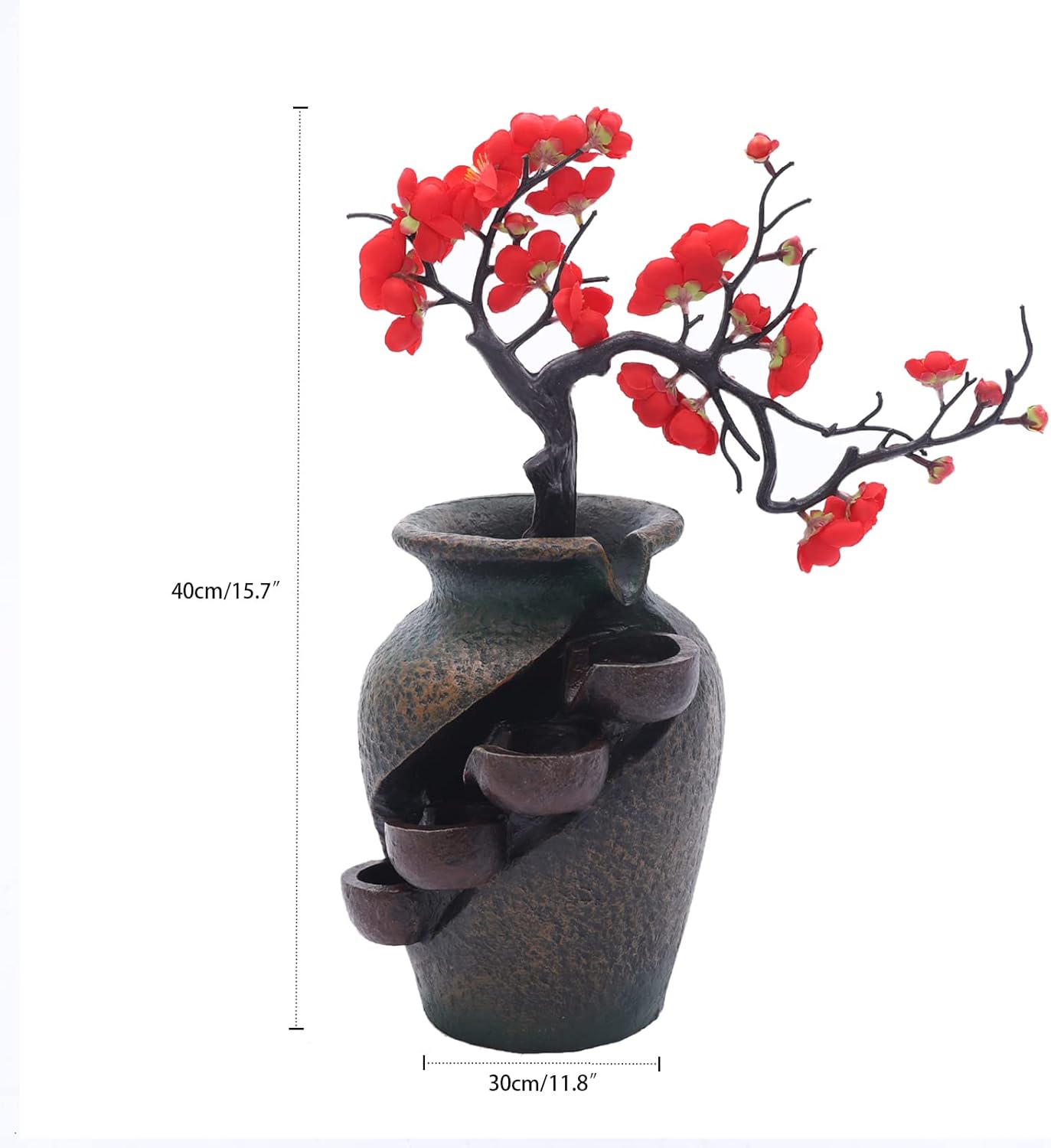 Tabletop Water Fountain with Artificial Flowers for Home Decor