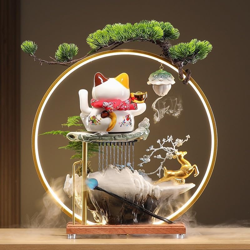 Zen Waterfall Indoor Fountain with Lucky Cat Design