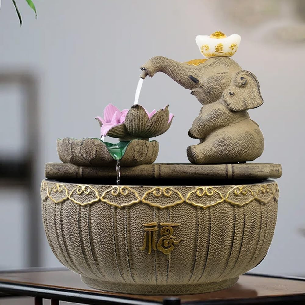 White Stone Texture Elephant Desktop Fountain with Water Circulation