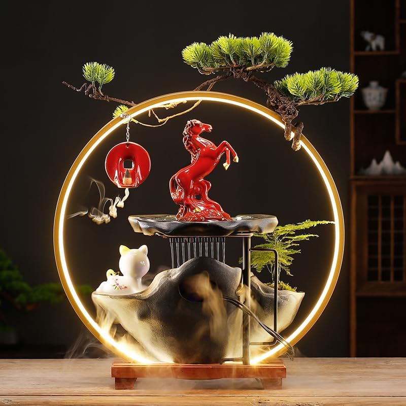 Ceramic Water Fountain Indoor Zen Decor with Wealth Symbol