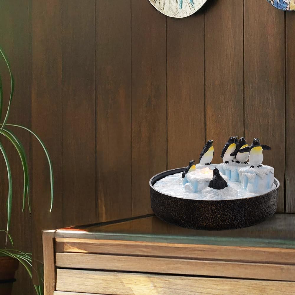 Tabletop Fountain with Penguin Statue and LED Lights