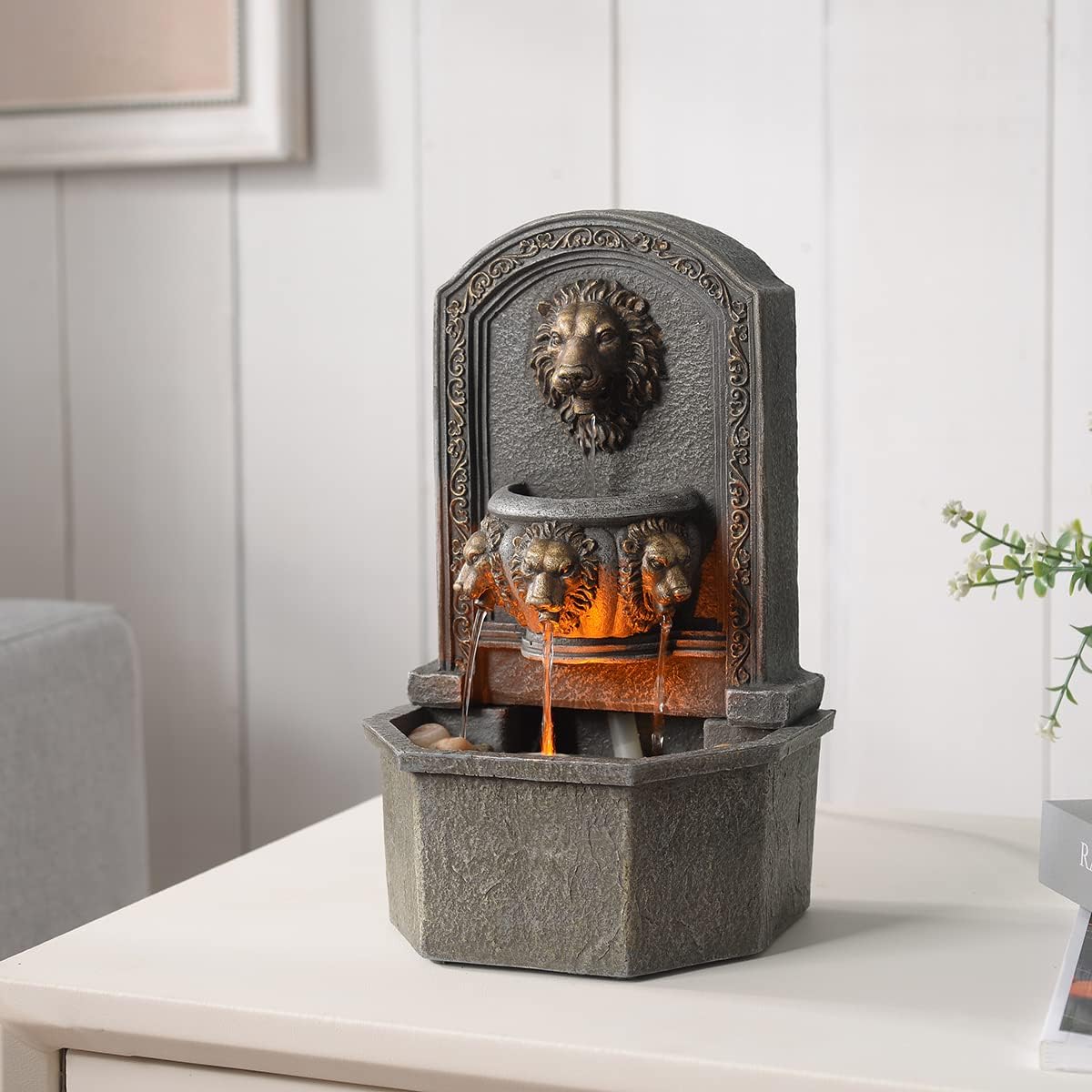 GOSSI 103 Inches Tall Tabletop Classic Lion Head Fountain with Cobblestone and LED Light