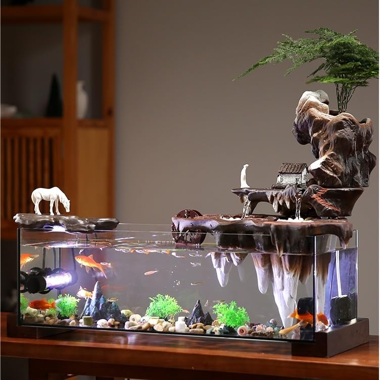 Water Fountain Indoor Fish Tank Decor with Flowing Water Wheel and Zen Waterfall