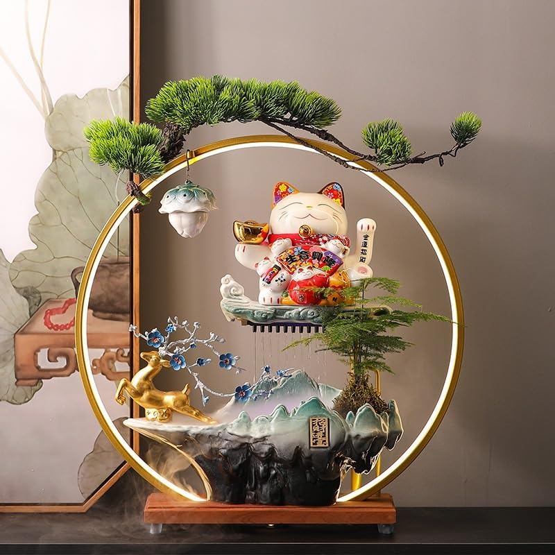 Zen Waterfall Indoor Fountain with Lucky Cat Design