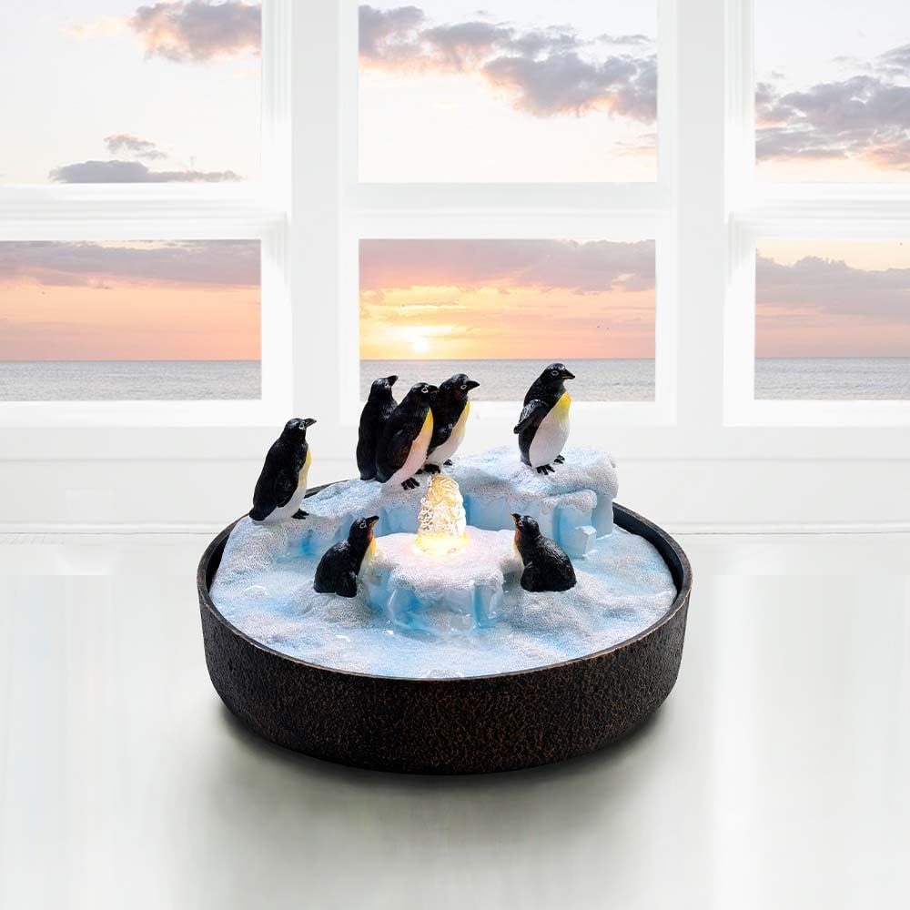 Tabletop Fountain with Penguin Statue and LED Lights