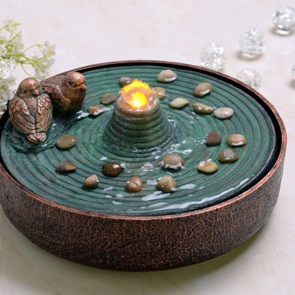 Elegant Desktop Fountain with Two Birds and Resin Basin