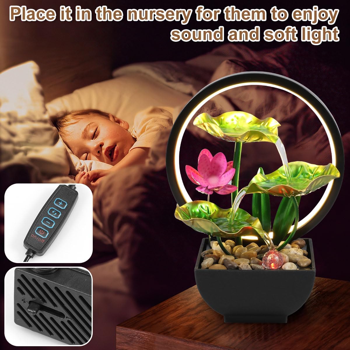 Muyoka Tabletop Fountain 3-Tiers Indoor Waterfall with LED Light and Rocks