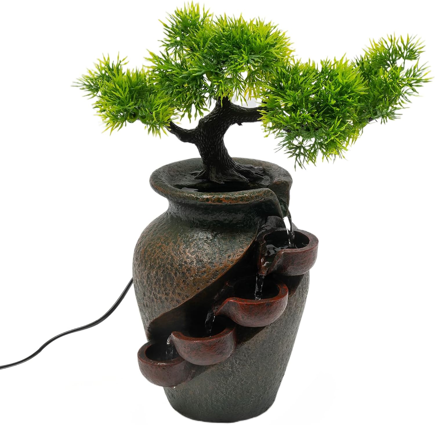 157 Inch Flower Vase Water Fountain Bonsai with Artificial Bouquet and Green Pine Tree Design