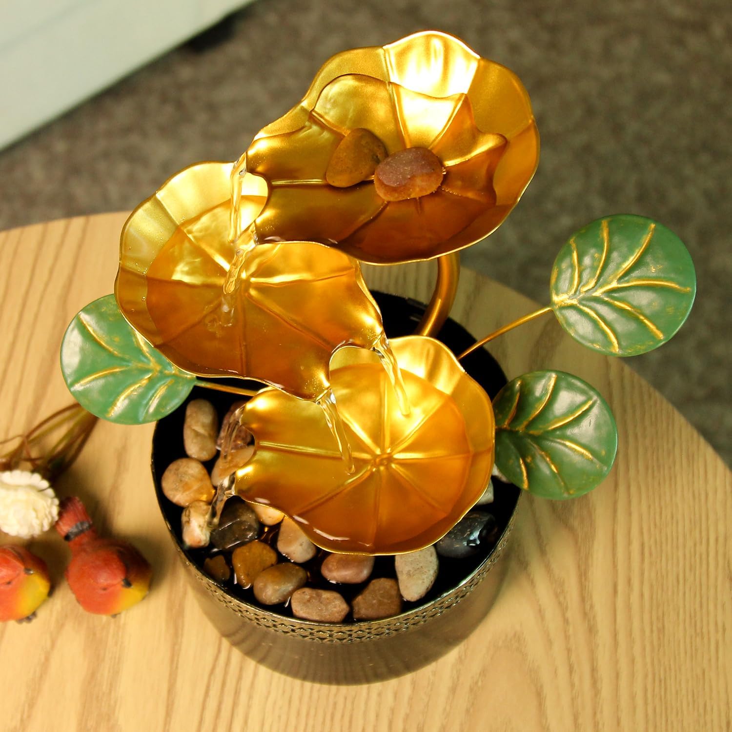 TiCin Tabletop Water Fountain with Gold Lotus Flowers