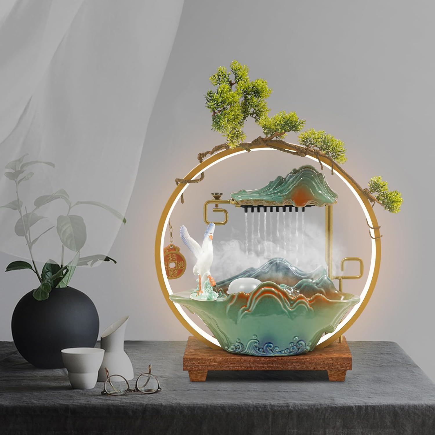 Zivisamt Crane Tabletop Water Fountain with LED Light Mist