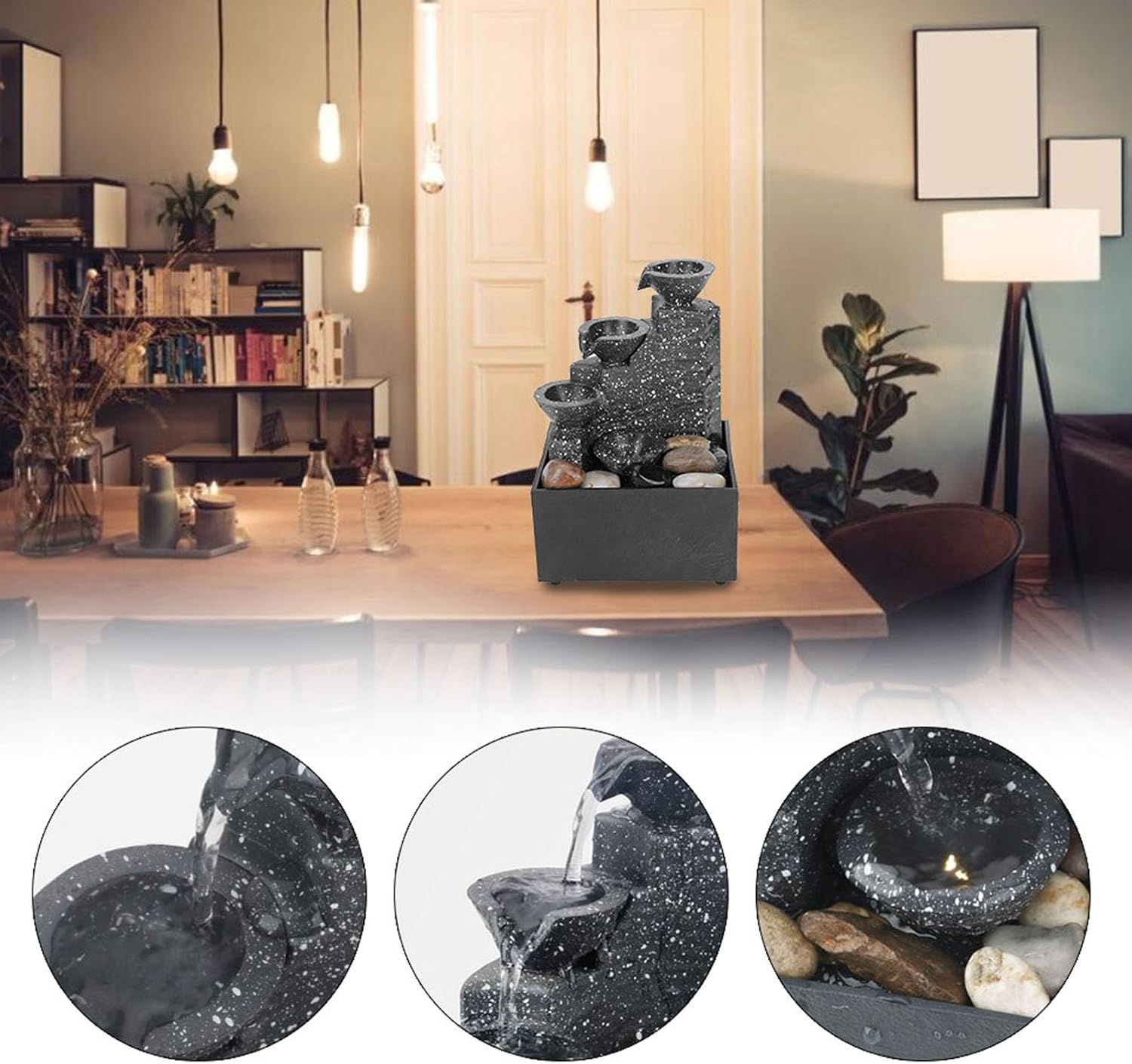 Tabletop Fountain with LED Lights and Stones for Indoor Office Decor
