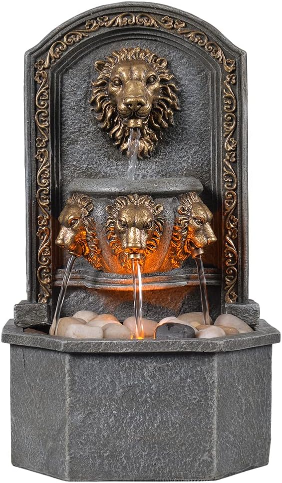 GOSSI 103 Inches Tall Tabletop Classic Lion Head Fountain with Cobblestone and LED Light