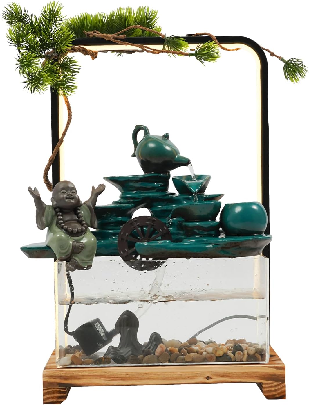 Green Welcoming Pine Tabletop Water Fountain with LED Lights