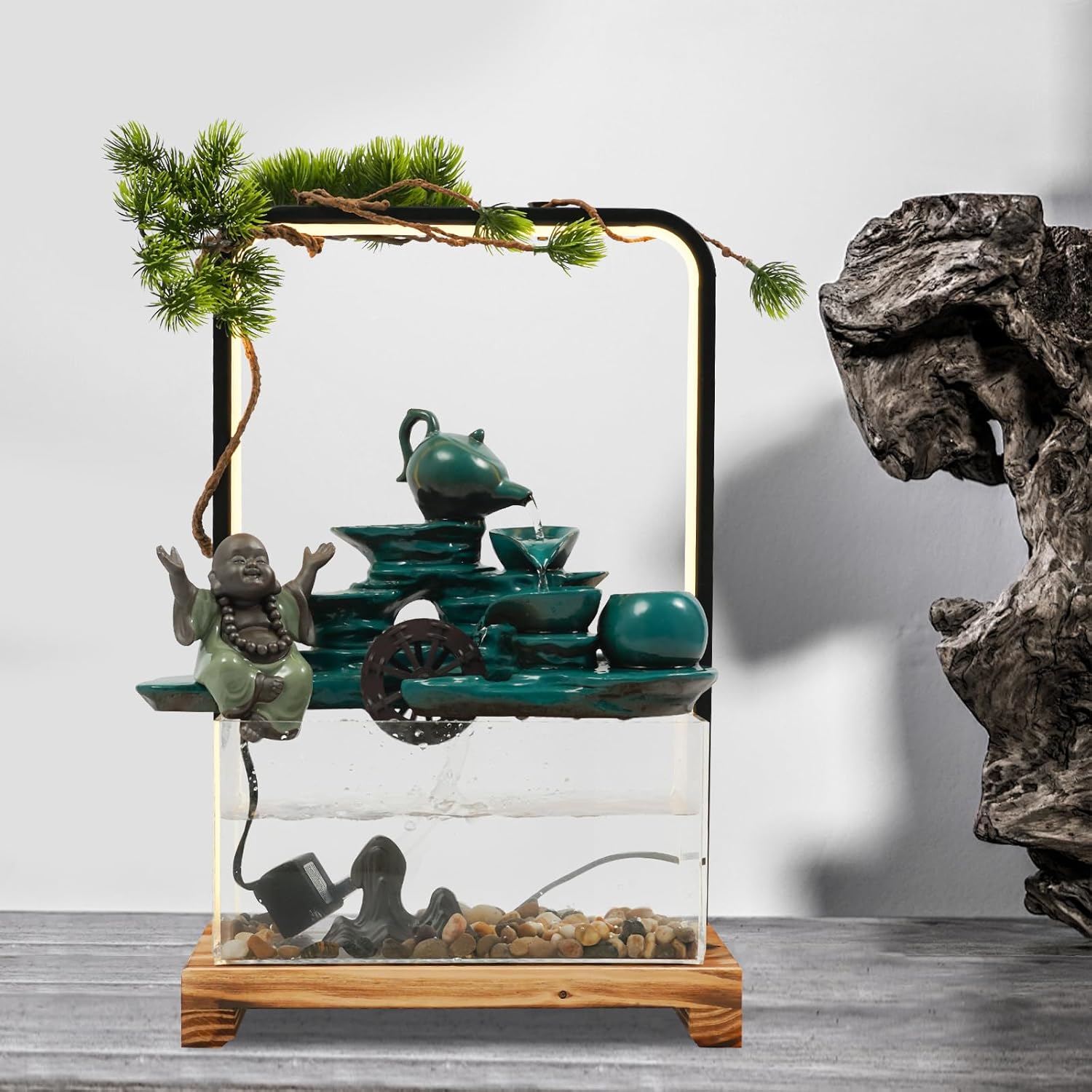 Green Welcoming Pine Tabletop Water Fountain with LED Lights