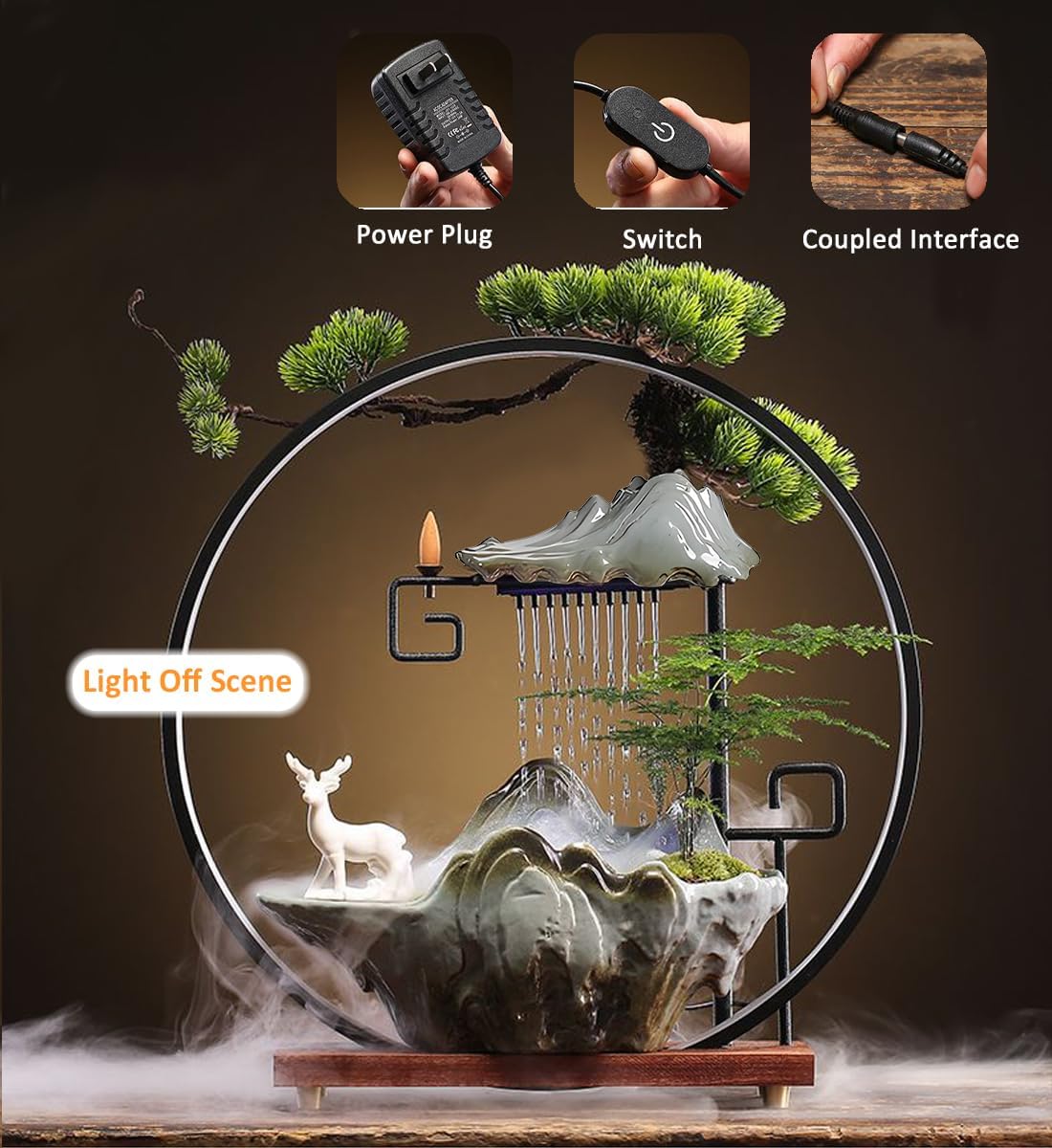 CIFUPUQU Deer Tabletop Water Fountain with LED Light and Incense Holder