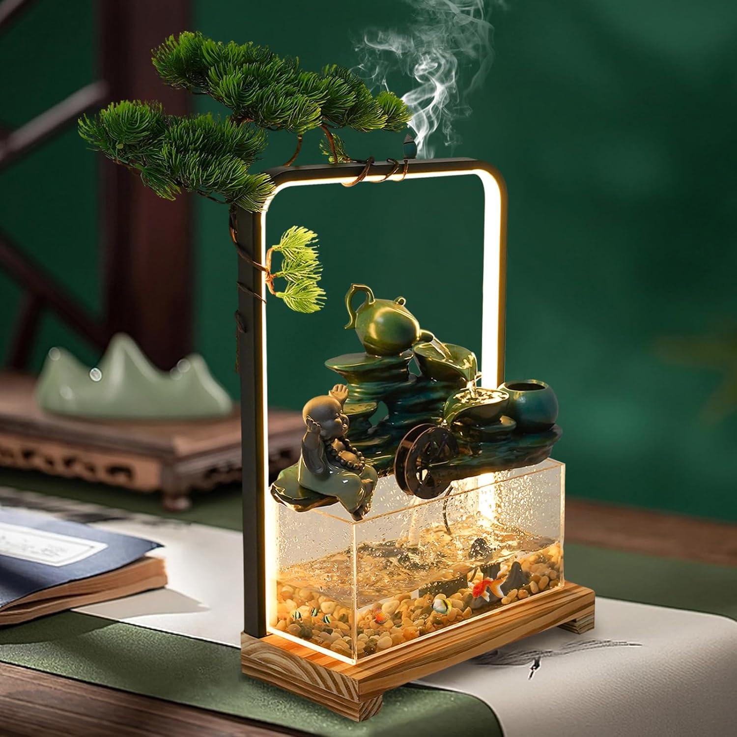 Wanlecy Tabletop Water Fountain with LED Lights and Fish Tank