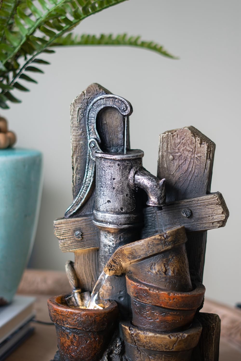 Rustic Charm Water Fountain with LED Light and Antique Pump