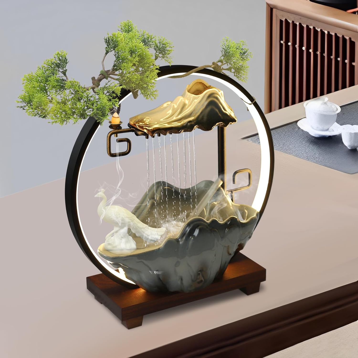 Tabletop Water Fountain with LED Lights Atomizer - Mini Indoor Decor for Living Room and Yoga Space