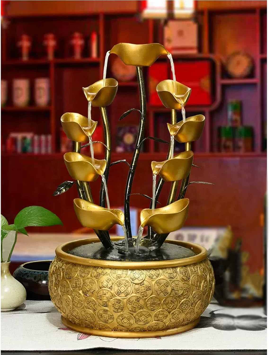 Golden Tabletop Fountain with Decorative Base