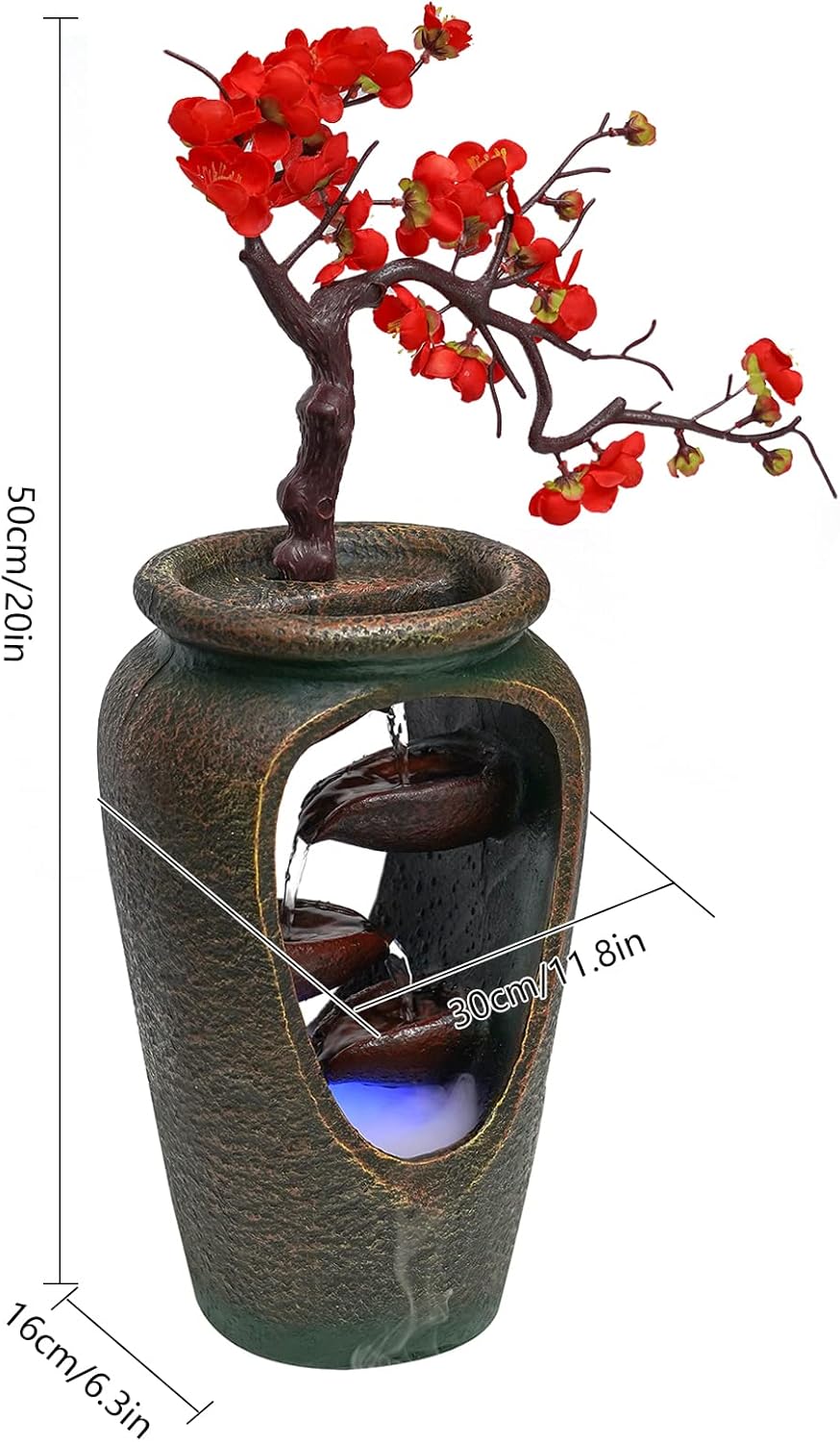 Relaxation Tabletop Water Fountain with LED Lights and Simulated Flowers