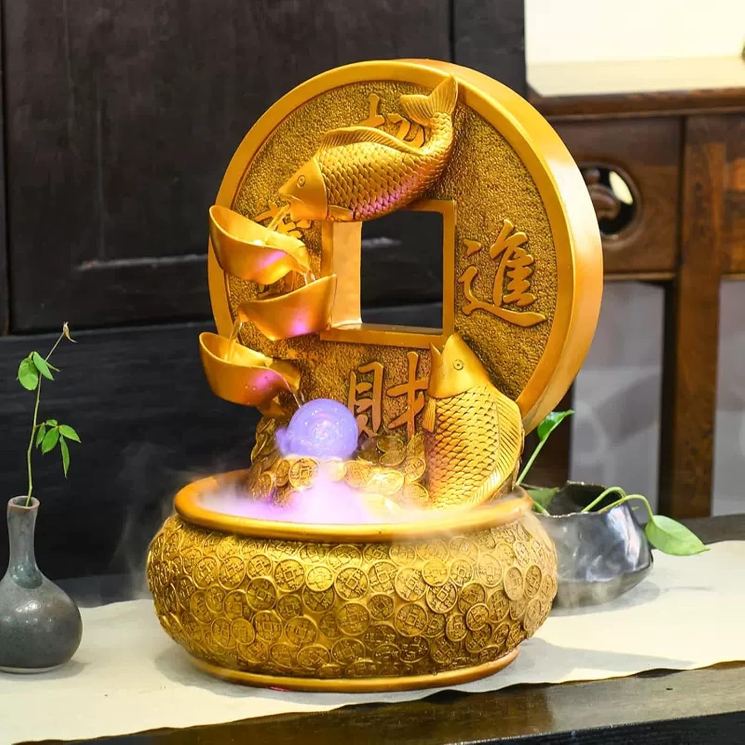 Golden Koi Tabletop Water Fountain with Rotating Ball