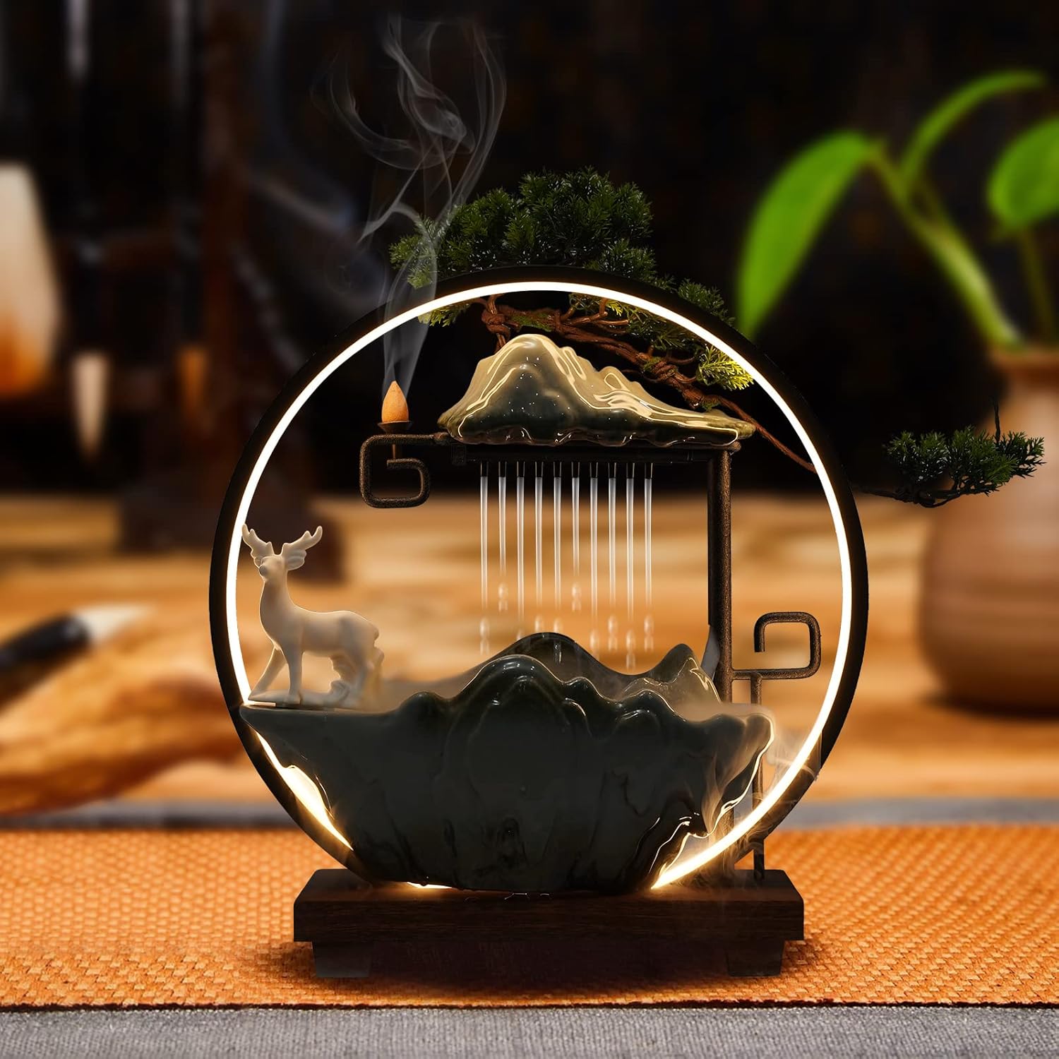Ceramic Tabletop Fountain with LED and River Stones