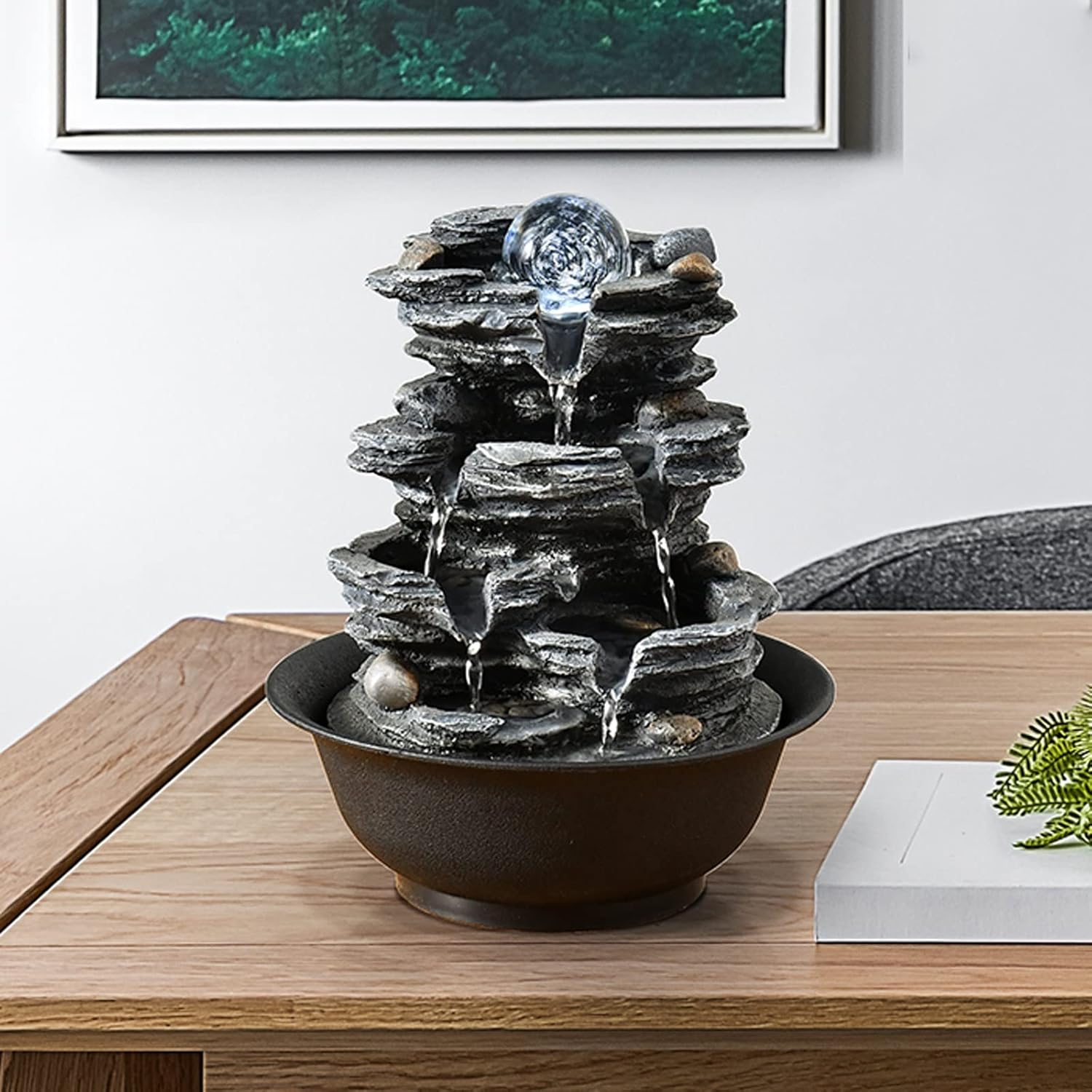 XRXwuf689 Desktop Water Fountain with Resin Rock and Rotatable Ball