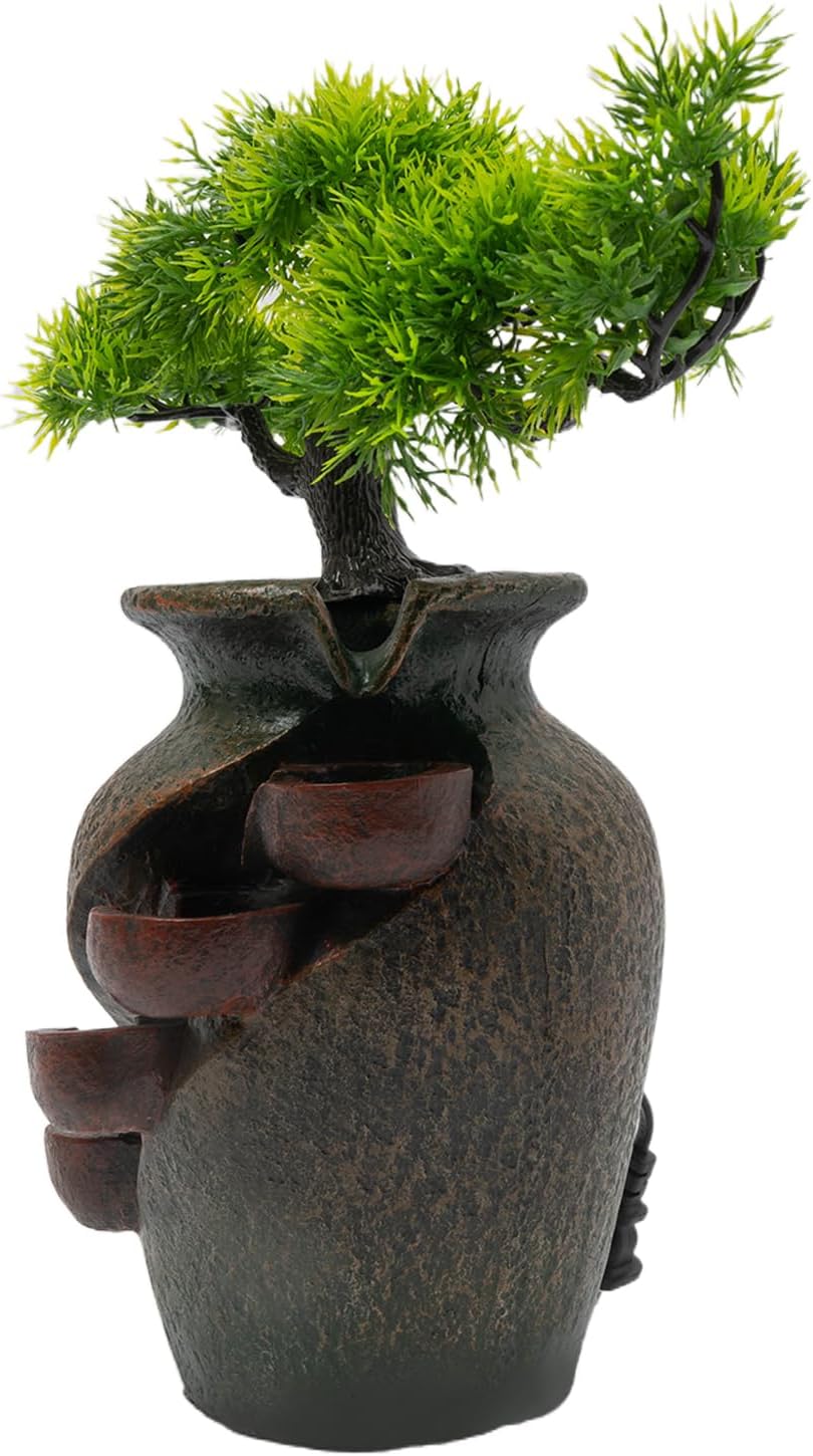 157 Inch Flower Vase Water Fountain Bonsai with Artificial Bouquet and Green Pine Tree Design