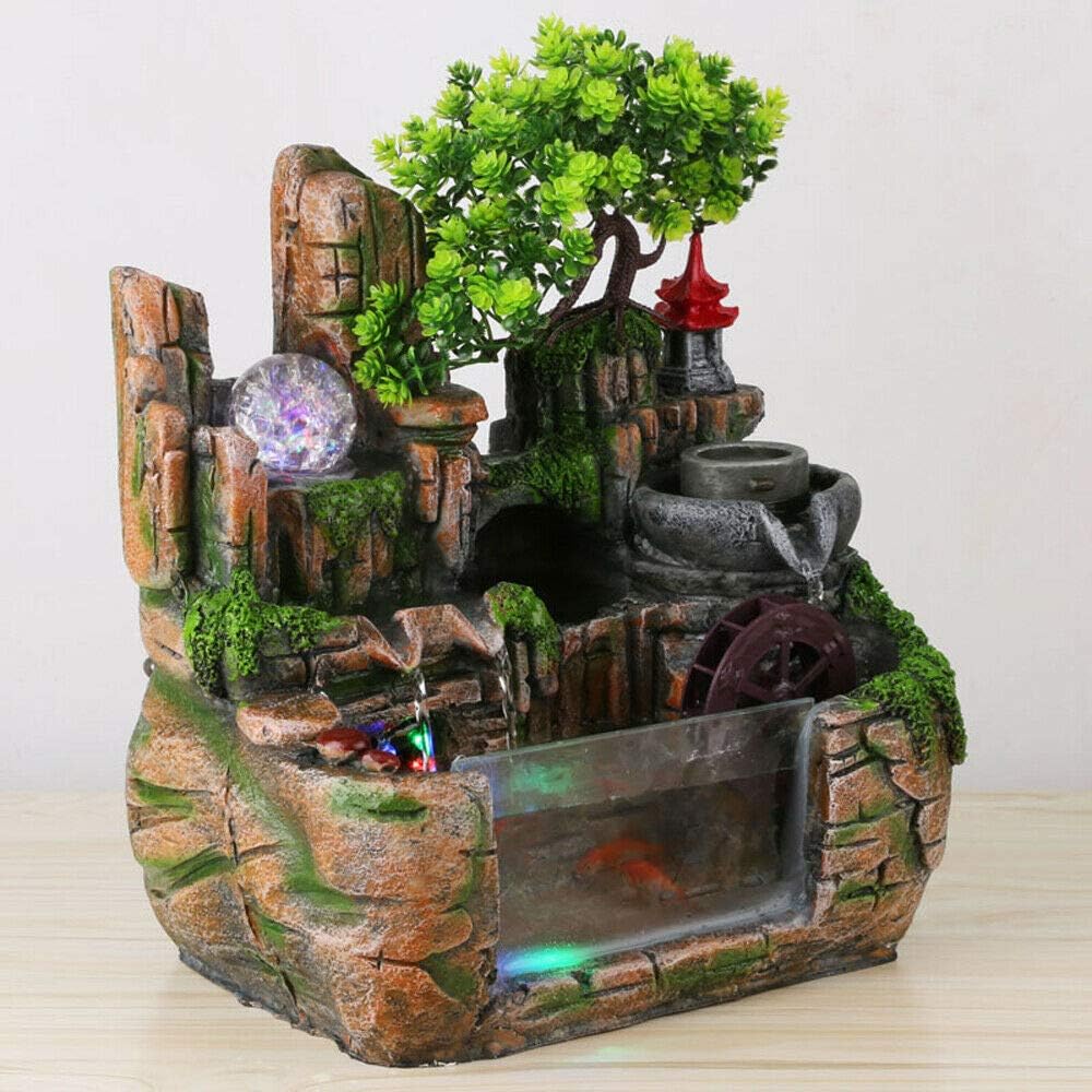 Tabletop Fountain Indoor Small Rockery with Waterfalls and Waterwheel