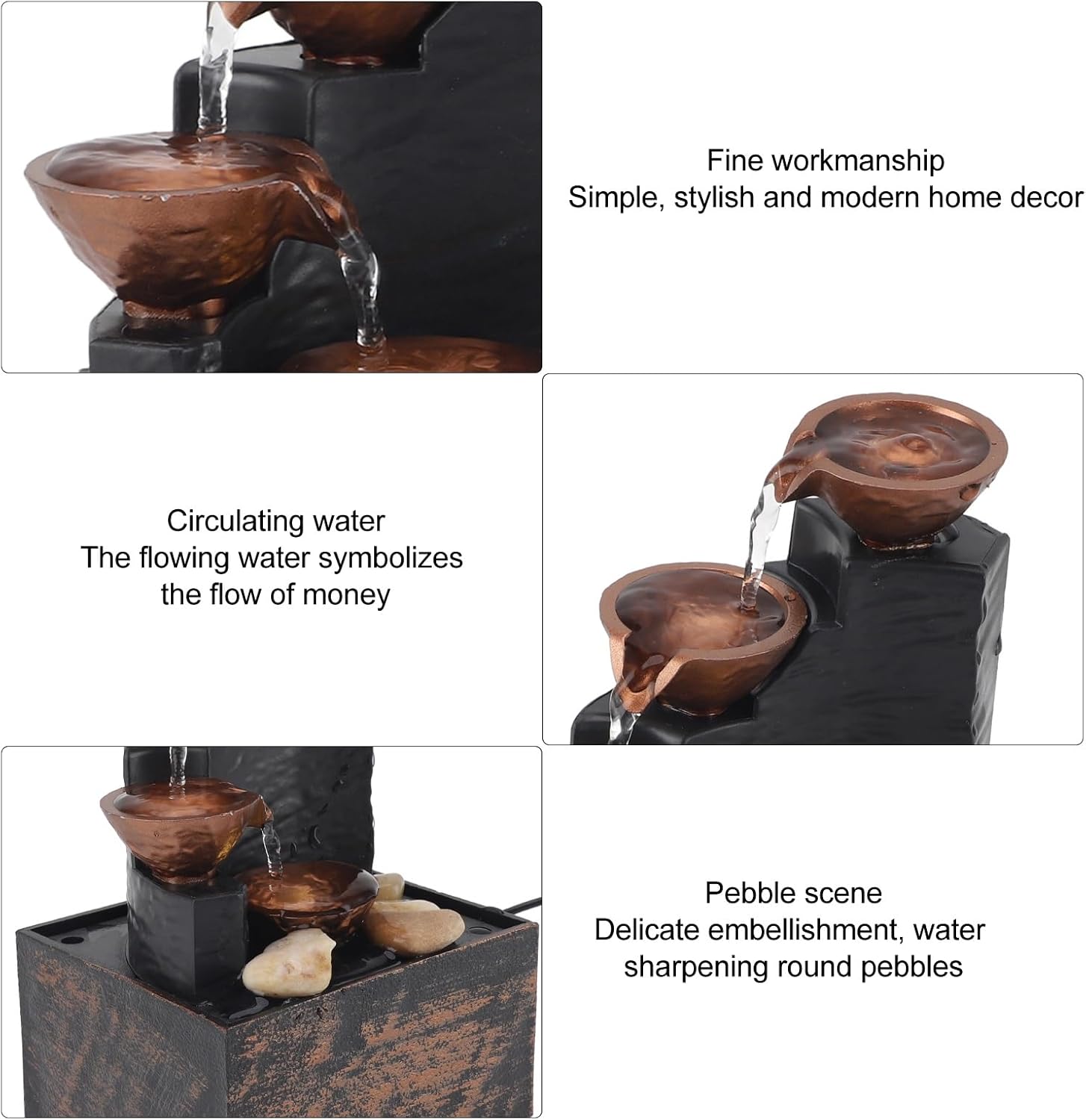 USB Water Fountain Decorative Tabletop Zen Decor with LED Light