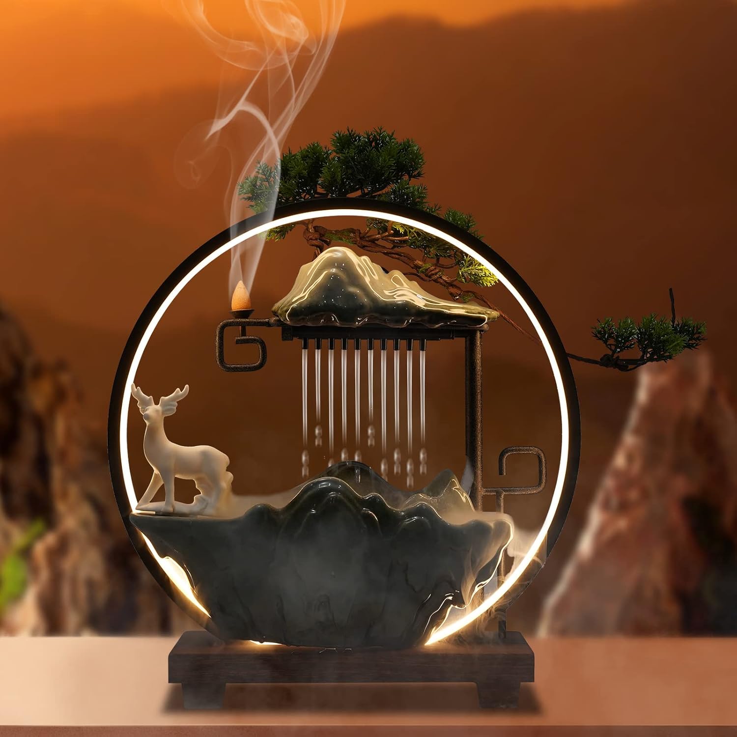 Tabletop Buddha Water Fountain with LED Light and Mist