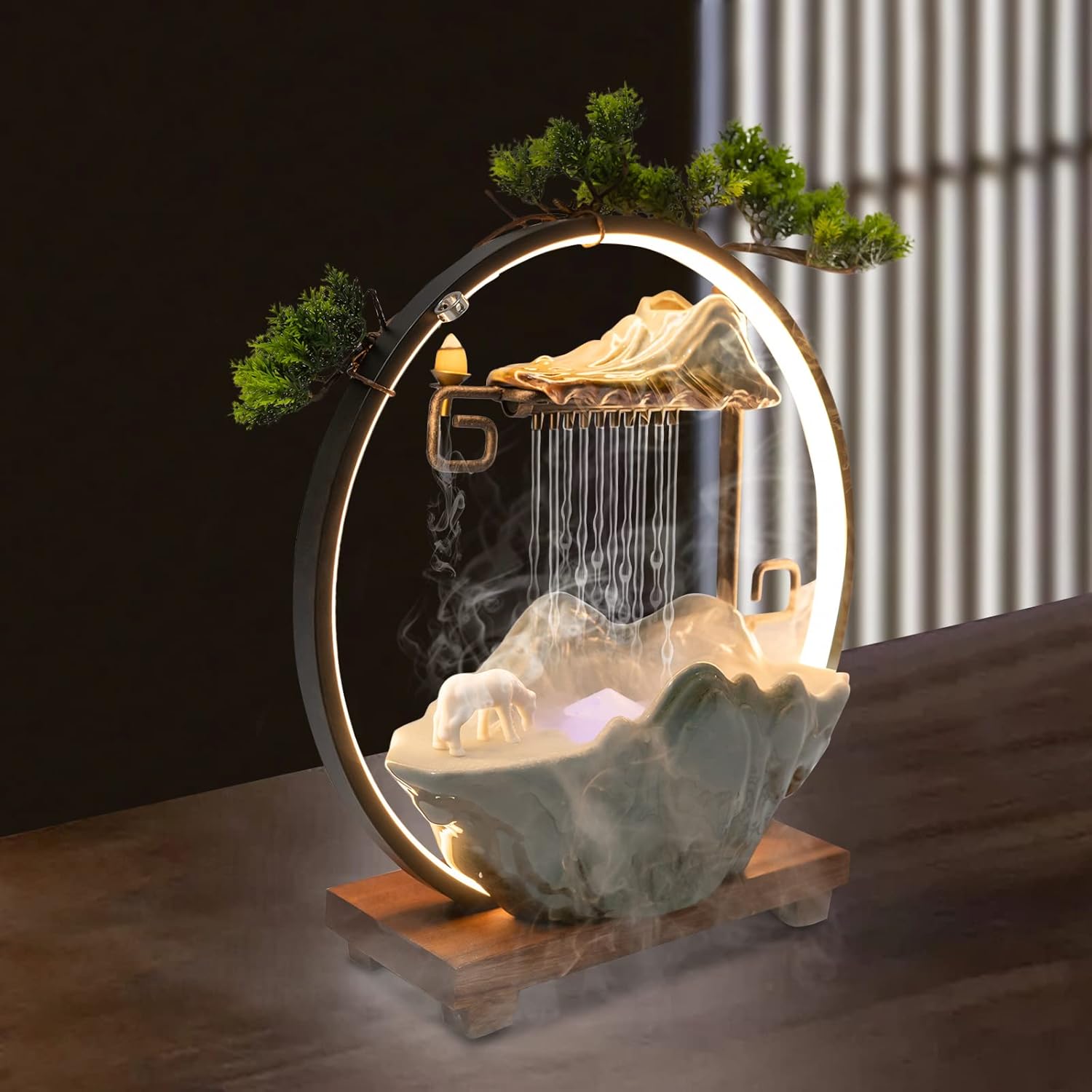 Tabletop Water Fountain with LED Light and Mist Maker for Home Office Decor
