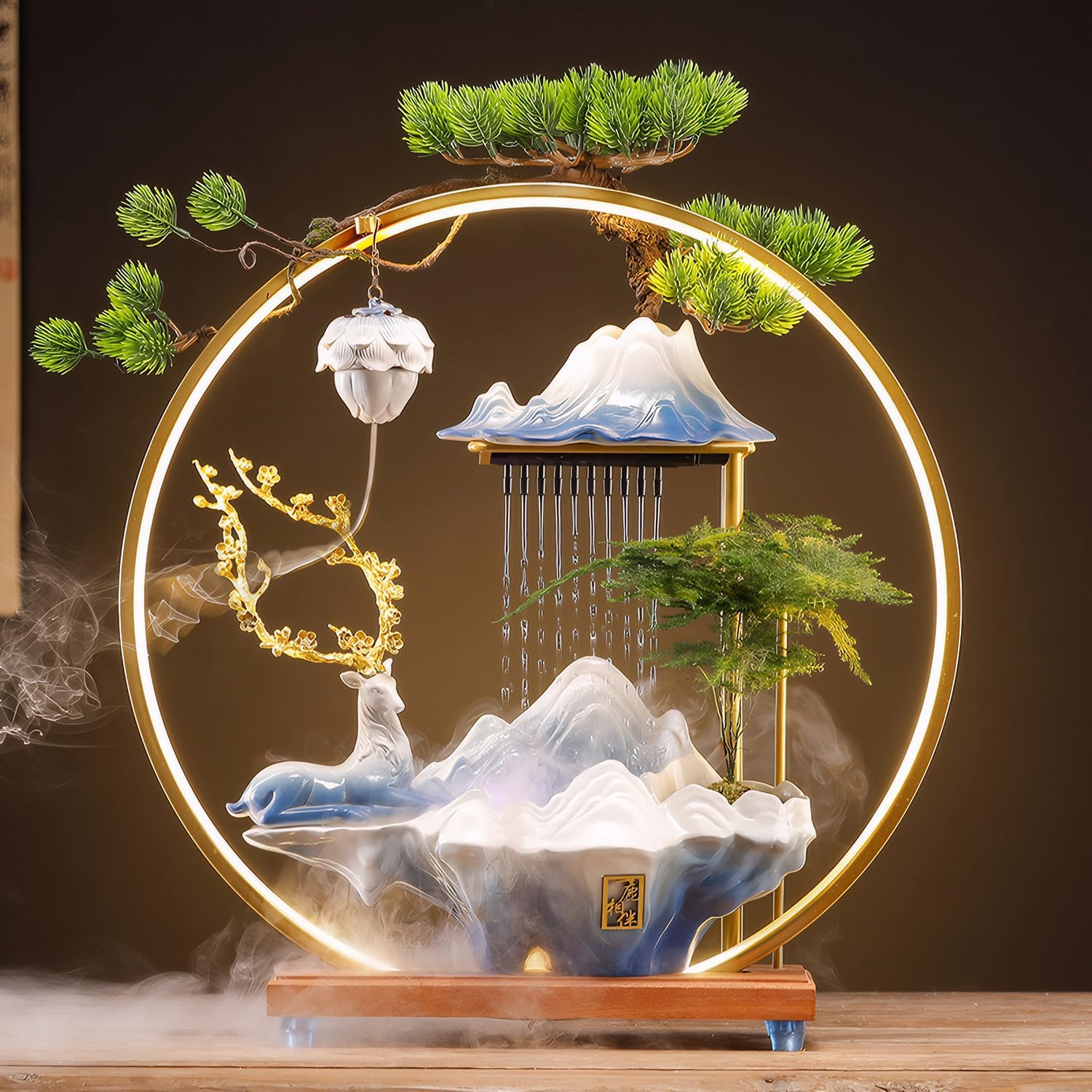 Stylish Ceramic Deer Waterfall Fountain with LED Light and Incense Holder
