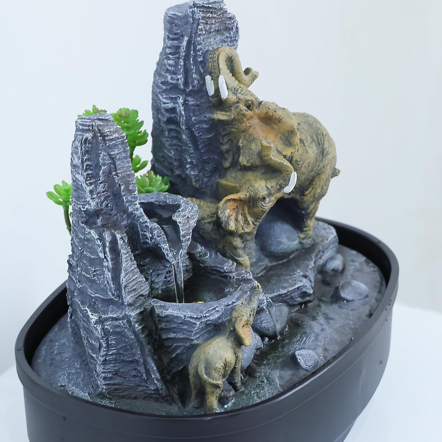Elephant Tabletop Fountain with LED Lights and Rock Features