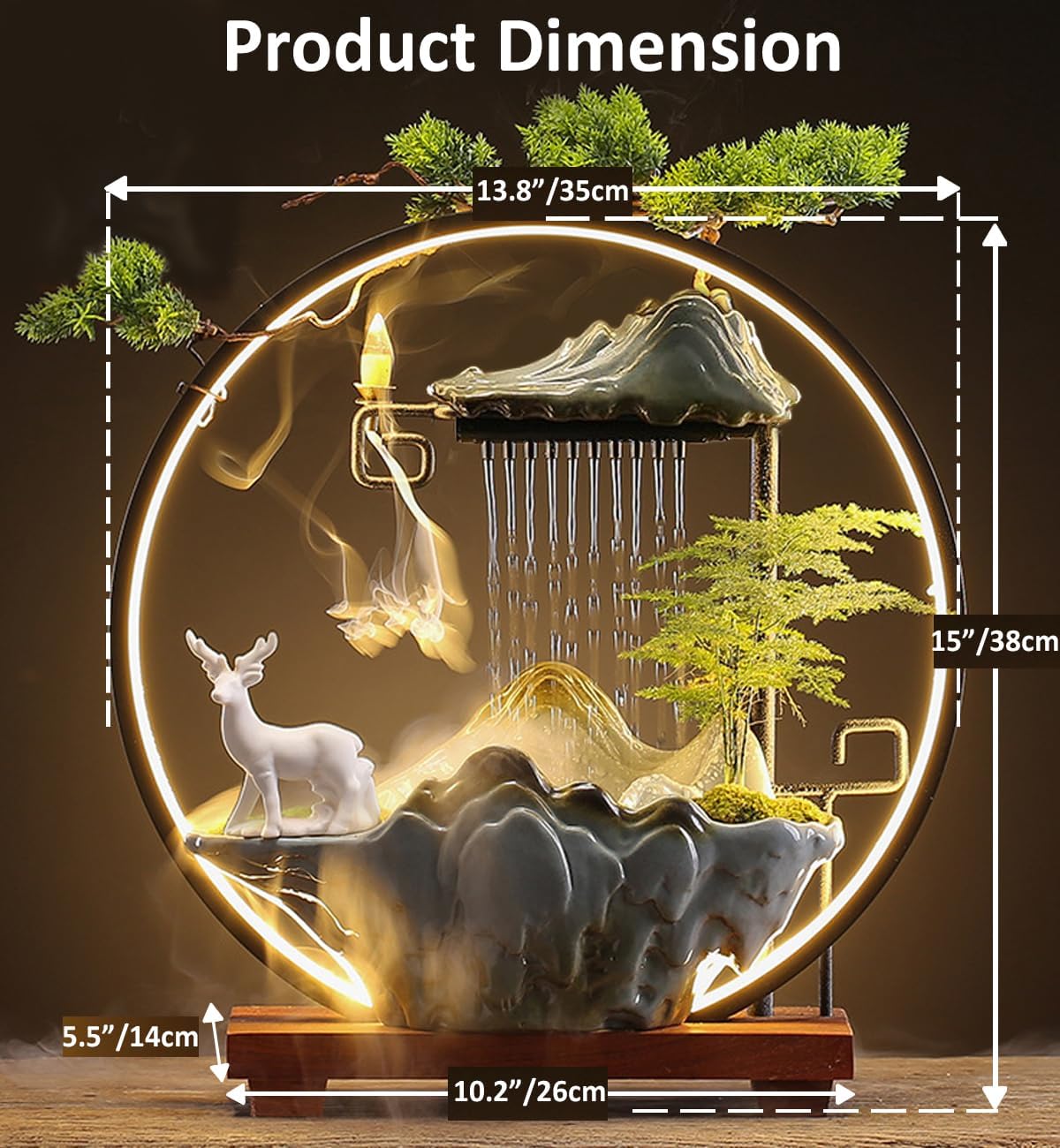 CIFUPUQU Deer Tabletop Water Fountain with LED Light and Incense Holder