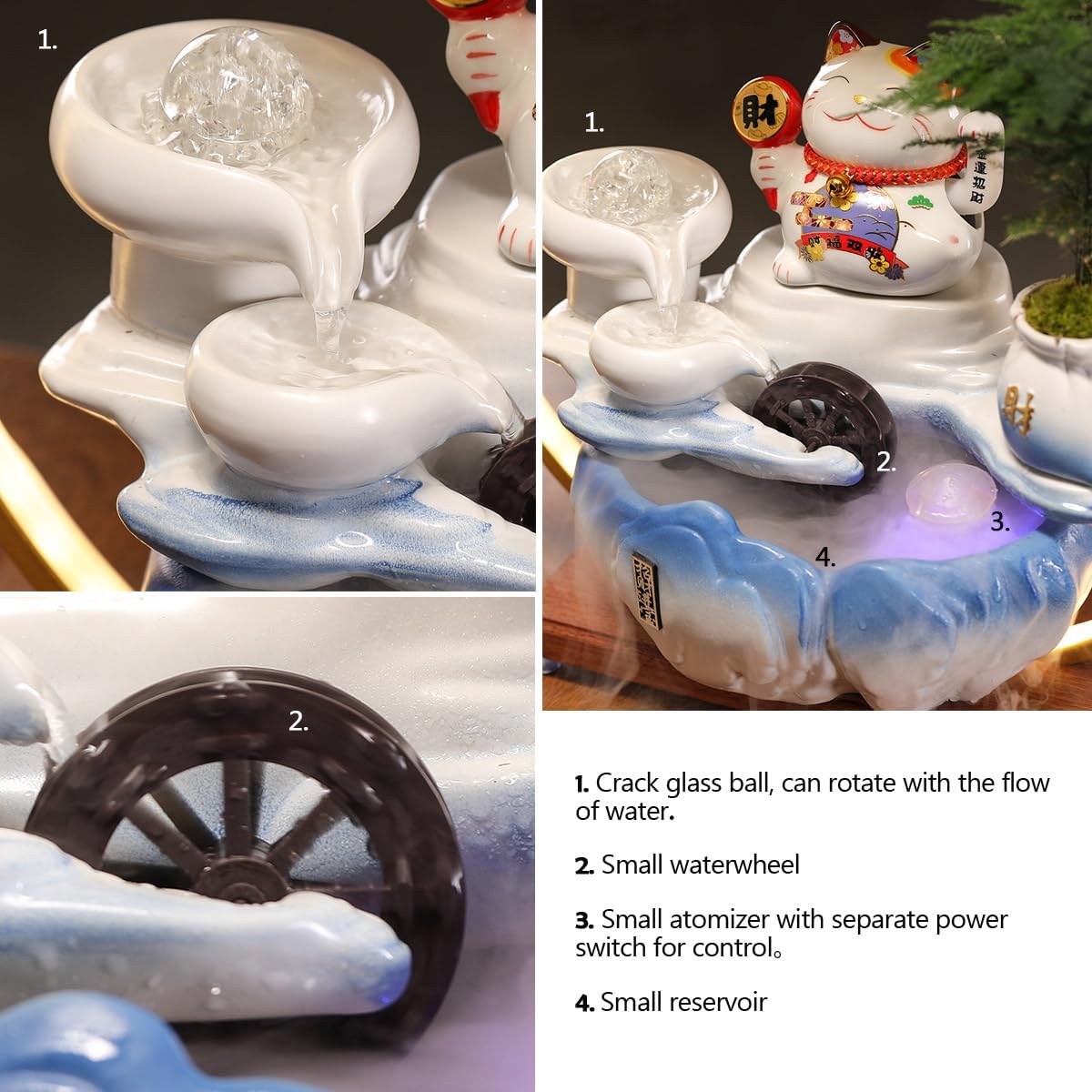 Ceramic Tabletop Waterfall Fountain with Maneki Neko Figurine