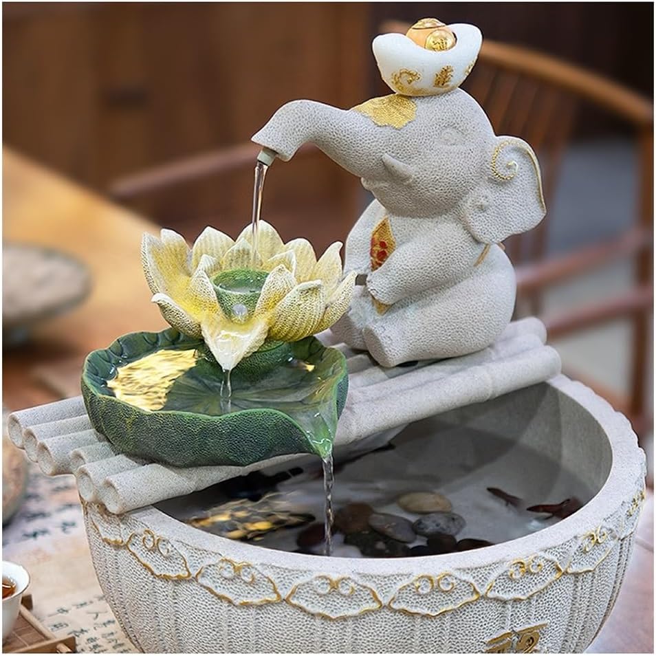 White Stone Texture Elephant Desktop Fountain with Water Circulation