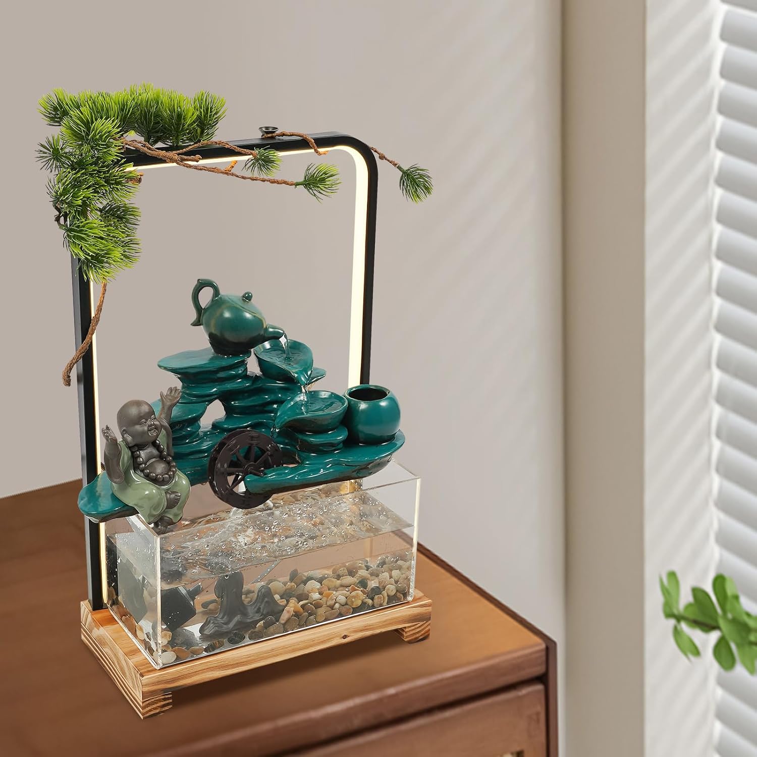 Green Welcoming Pine Tabletop Water Fountain with LED Lights