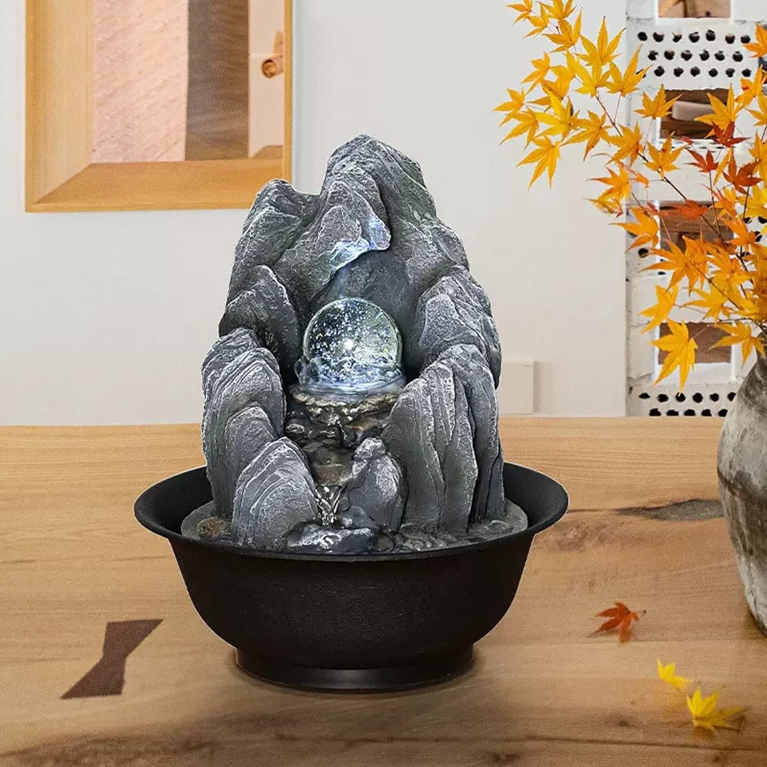 XRXwuf689 Desktop Water Fountain with Rotatable Ball for Zen Relaxation
