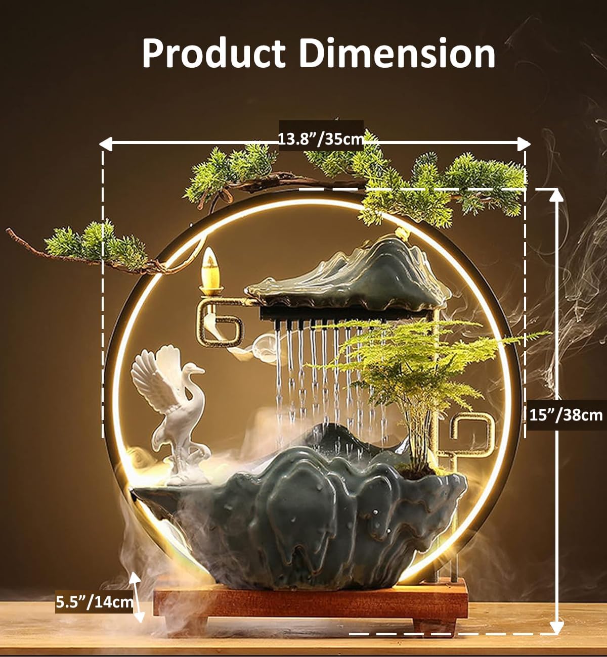 Ceramic Crane Desk Fountain with LED Light and Mist