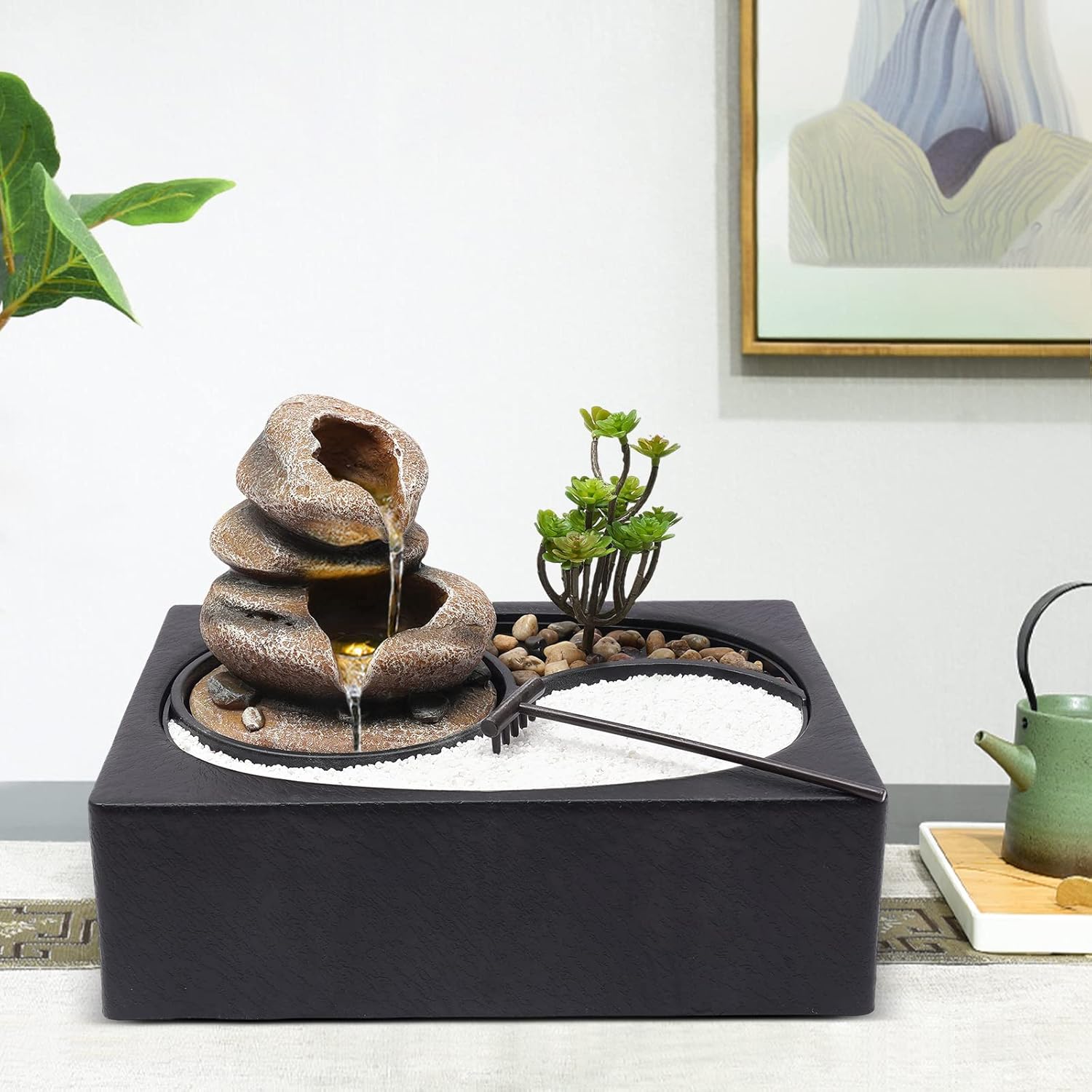 Table Top Water Fountain Indoor with River Rocks and Plants