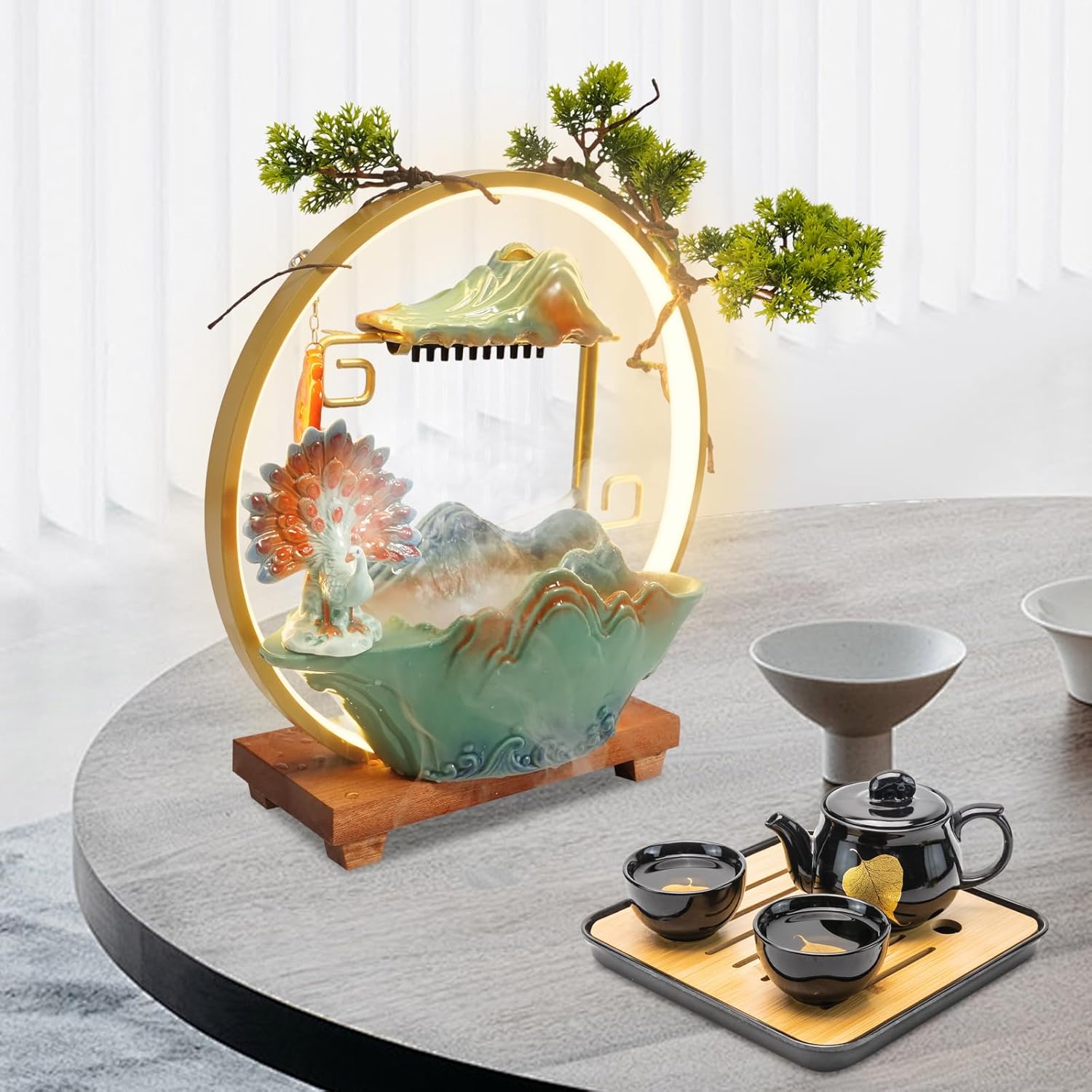 Chinese Style Landscape Deer Indoor Water Fountain with LED Light and Mist