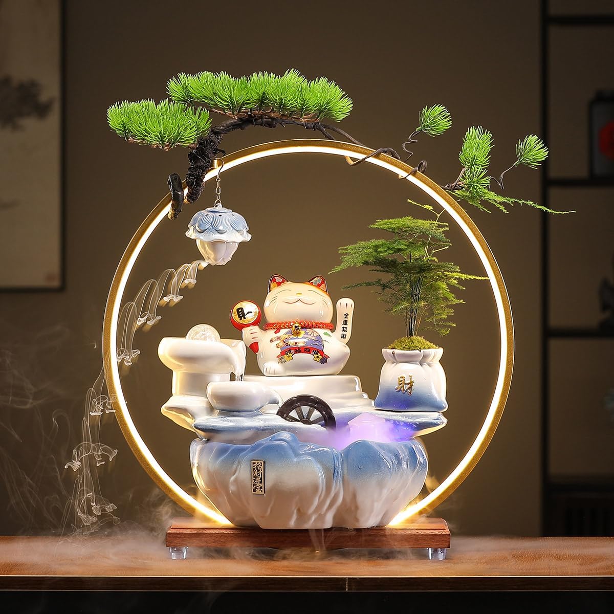 Ceramic Tabletop Waterfall Fountain with Maneki Neko Figurine