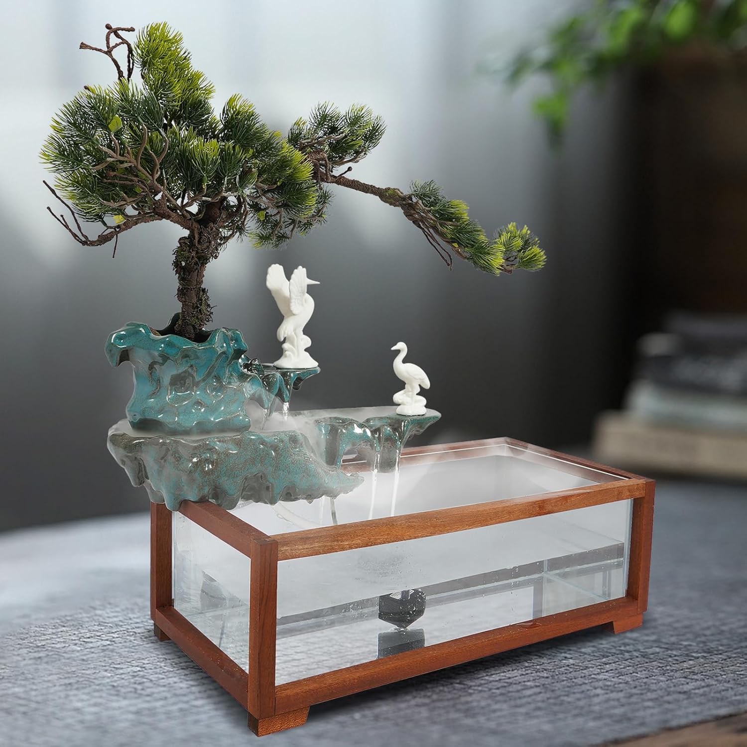 Elegant Tabletop Crane Water Fountain with LED and Fish Tank