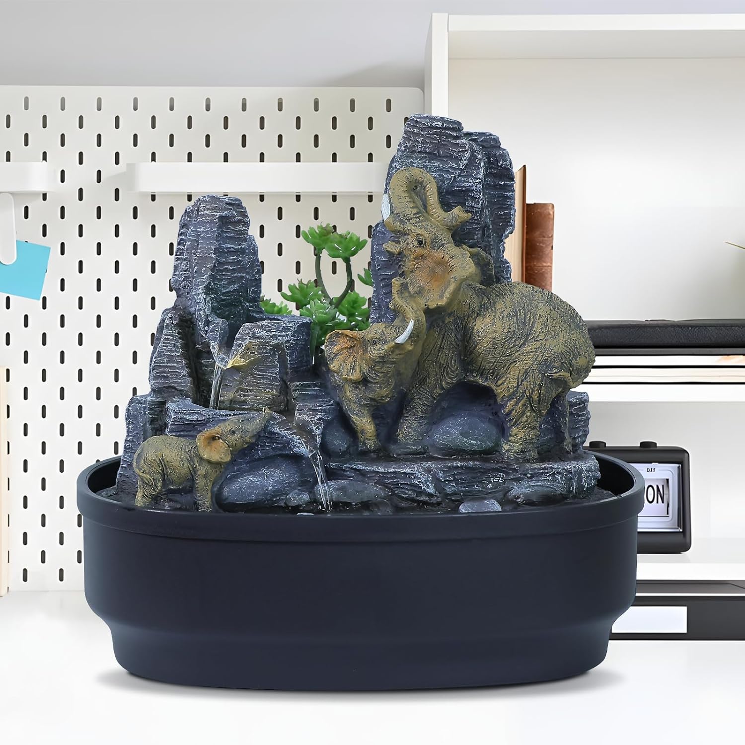 Elephant Tabletop Fountain with LED Lights and Rock Features