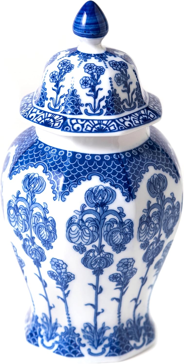 Blue and White Ginger Jar 10 Inch Ceramic Decor