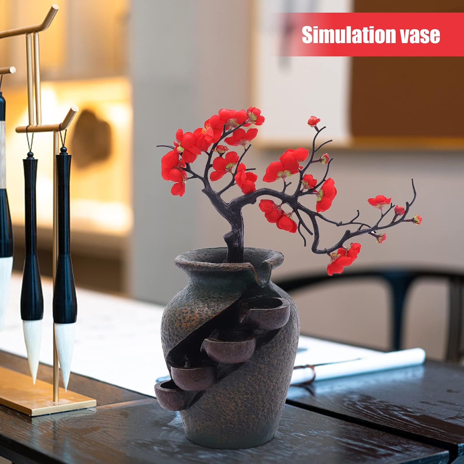 Tabletop Water Fountain with Artificial Flowers for Home Decor
