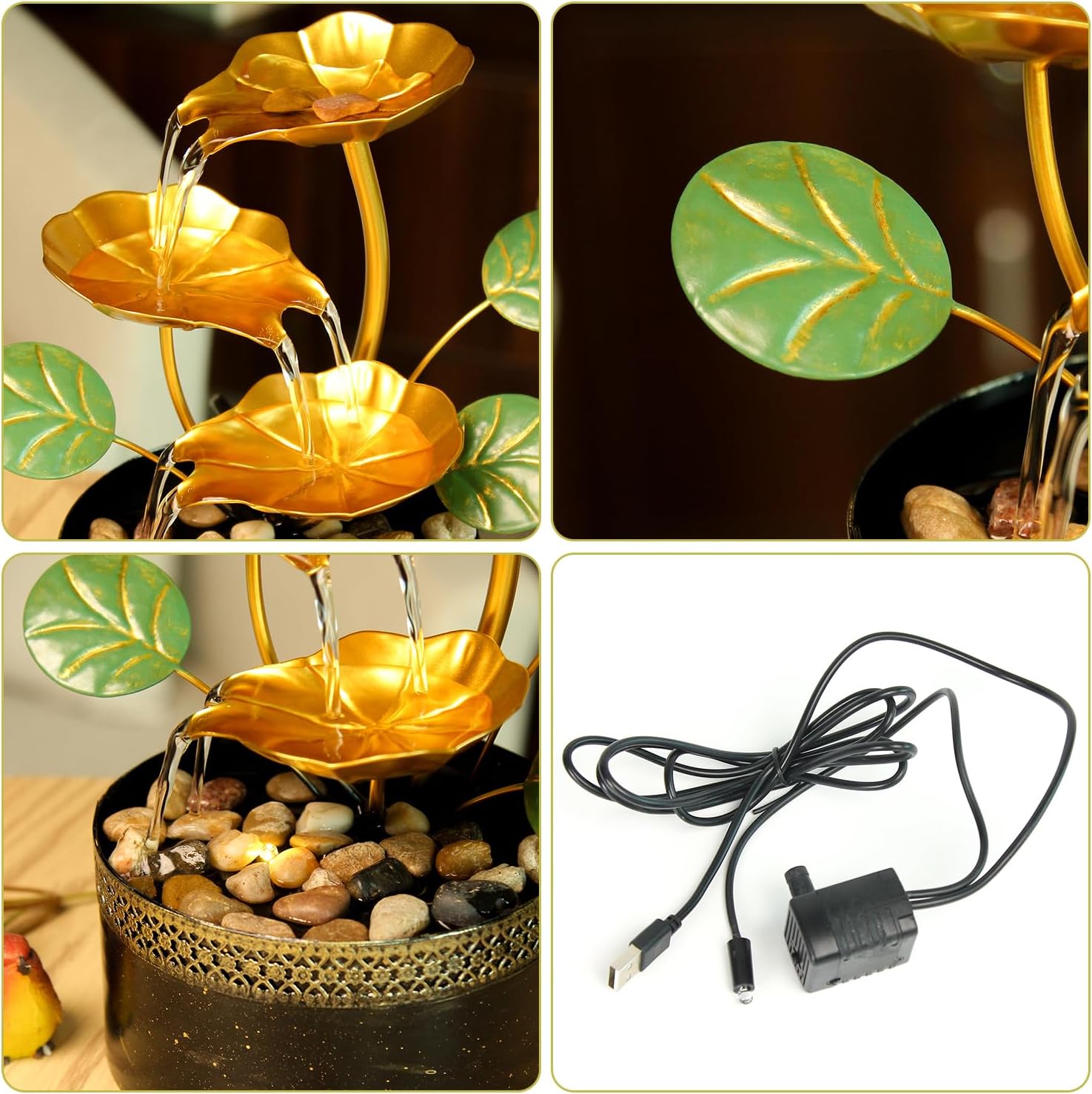 TiCin Tabletop Water Fountain with Gold Lotus Flowers