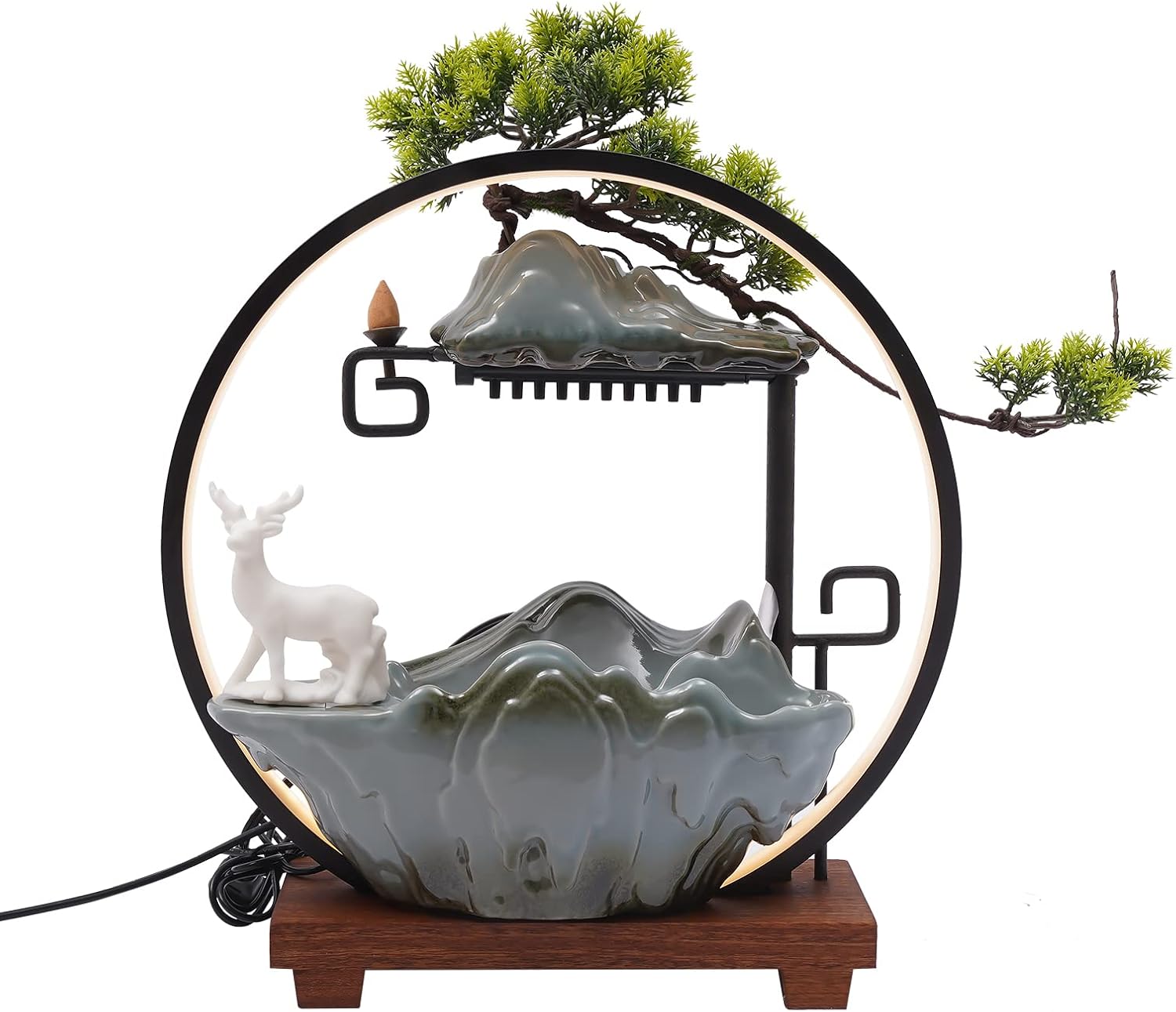 Ceramic Tabletop Fountain with LED and River Stones